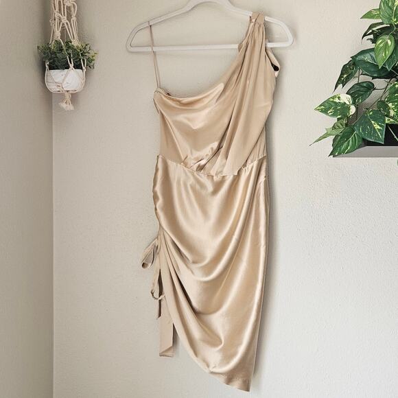 RETROFÊTE Nadia One-shoulder Ruched Stretch-Silk Satin Mini Dress Sz L Champaign - Picture 7 of 14